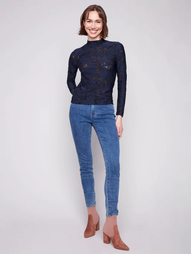 Burnout Mesh Mock Neck Top