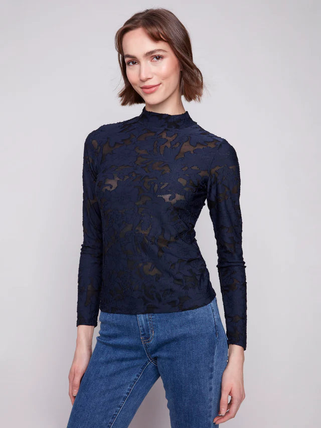 Burnout Mesh Mock Neck Top