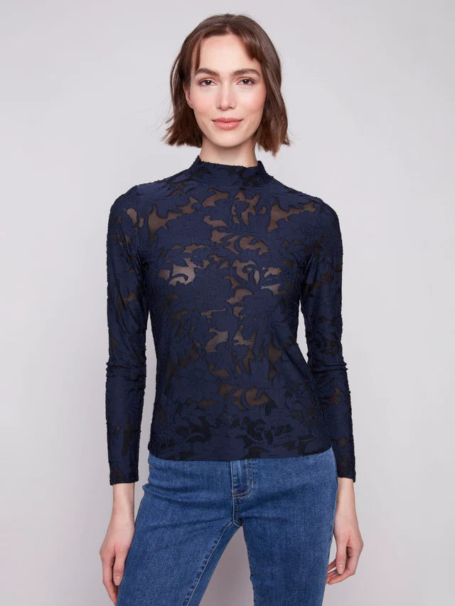 Burnout Mesh Mock Neck Top