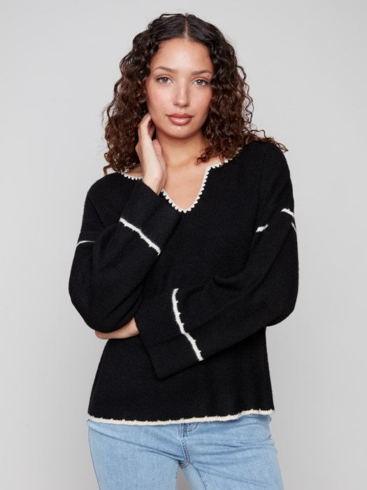 Notched Neck Rib Embroidered Sweater