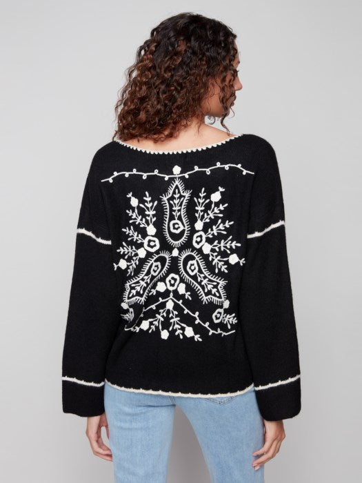 Notched Neck Rib Embroidered Sweater