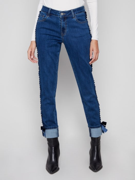 Slim 5 Pocket Denim with Velvet Bow Detail
