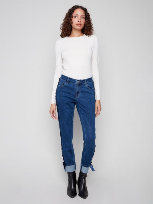 Slim 5 Pocket Denim with Velvet Bow Detail