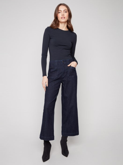 Cropped Wide Leg Stetch Denim Patch Pockets