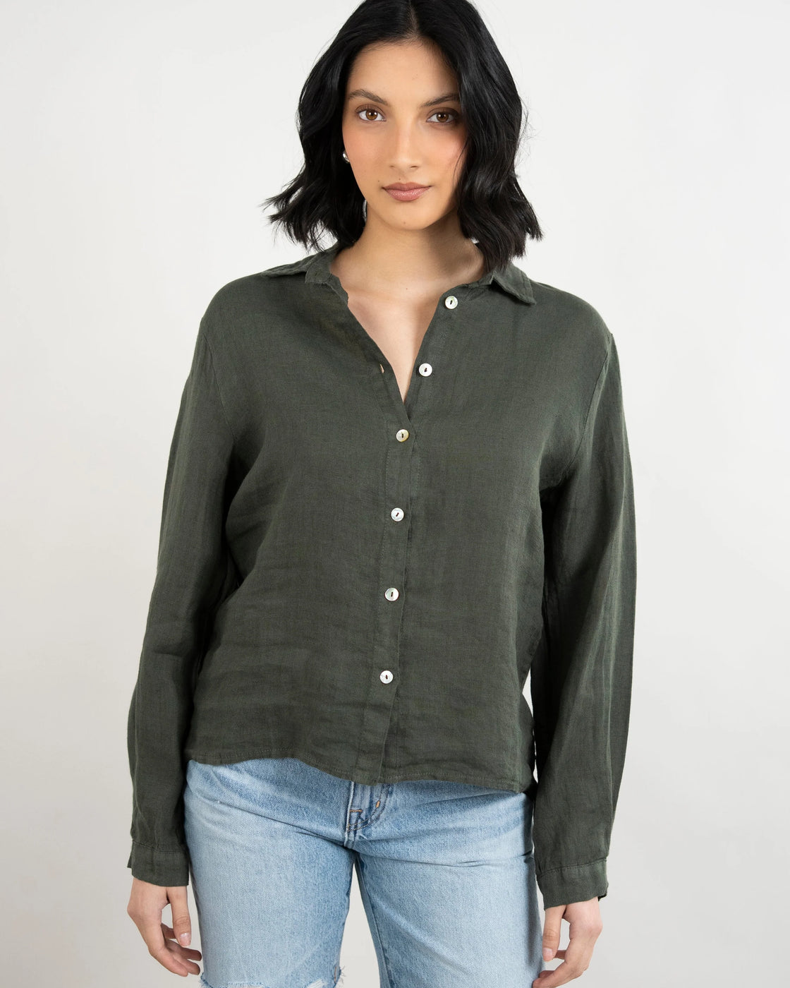 Military Green One Pocket Loose Linen Blouse