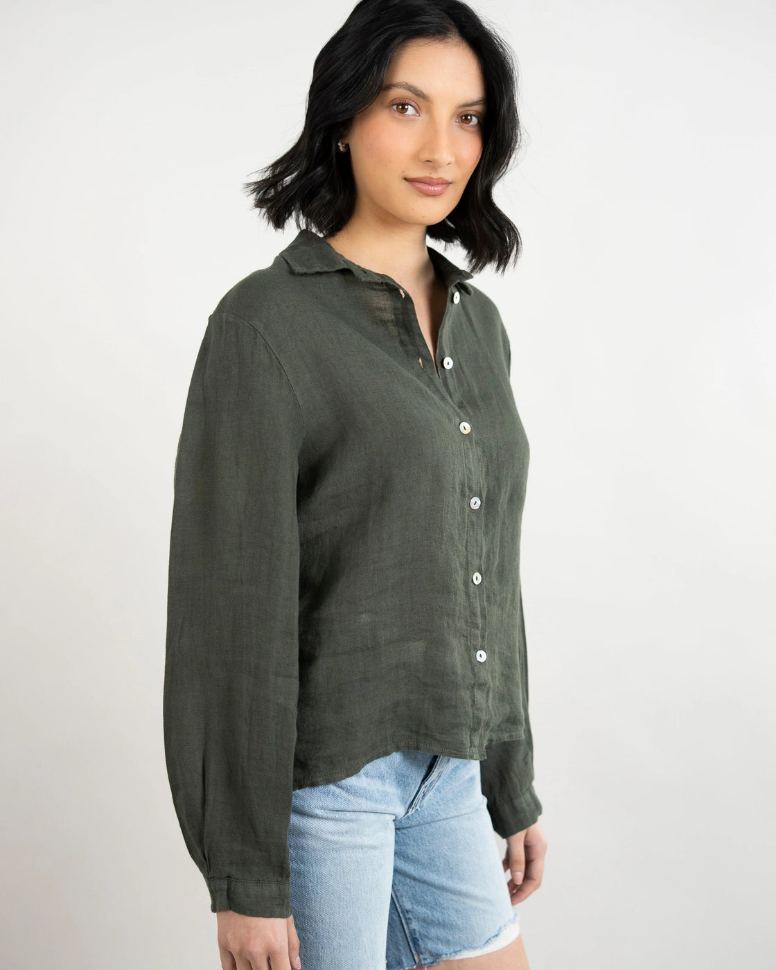 Military Green One Pocket Loose Linen Blouse