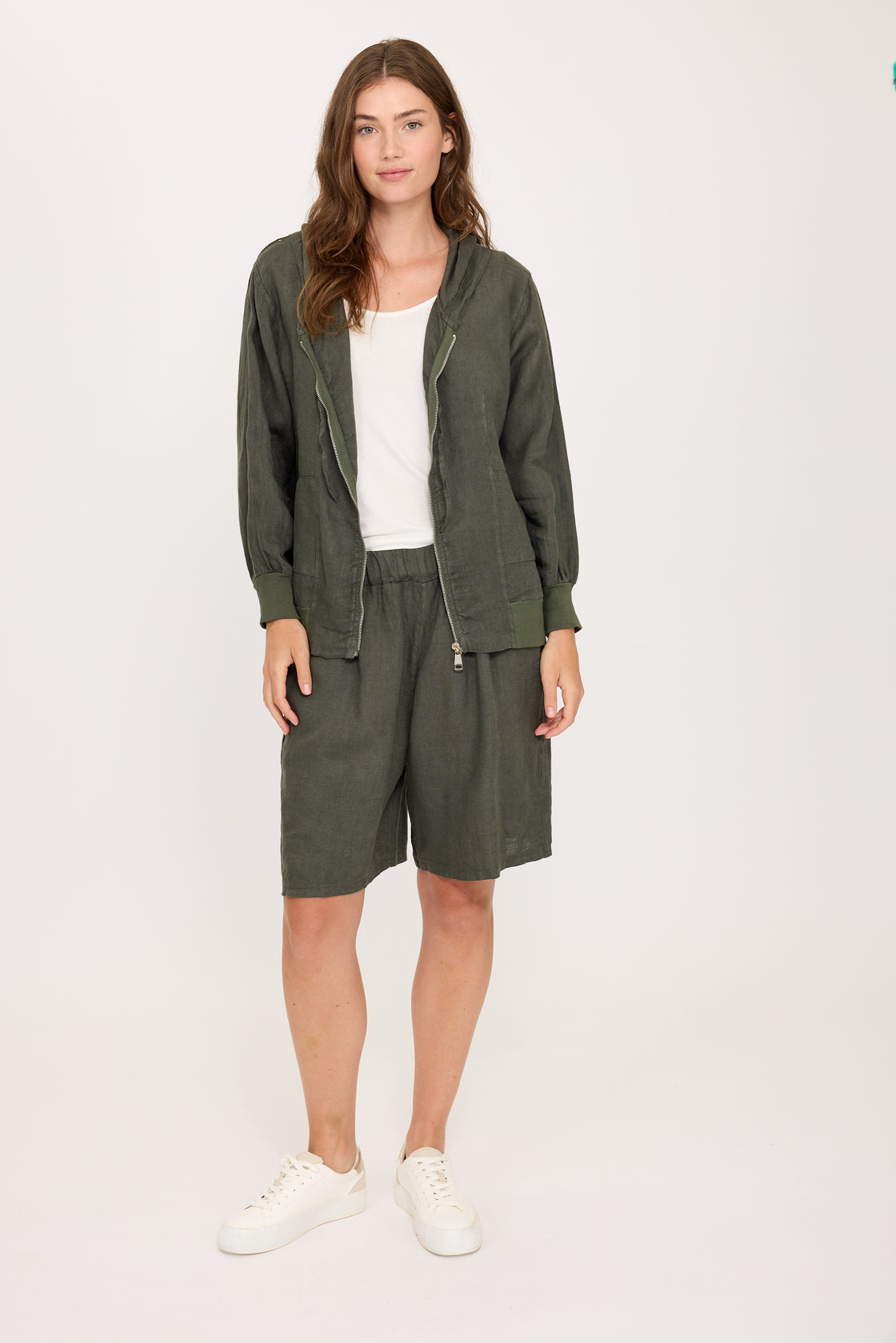 Military Green Linen Bermuda Shorts