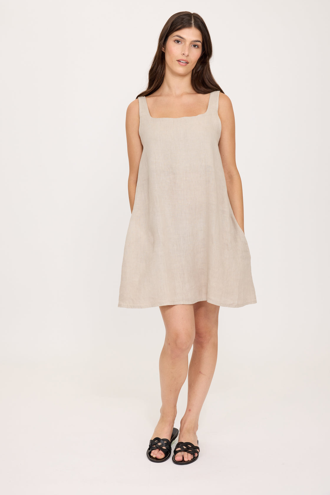 Buff Beige 100% Linen Pinafore Dress