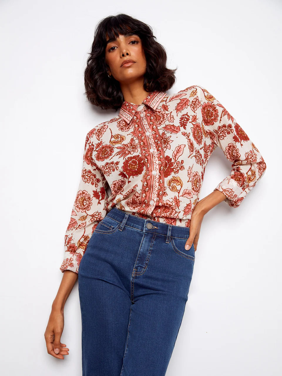Printed Cotton Button Up Blouse