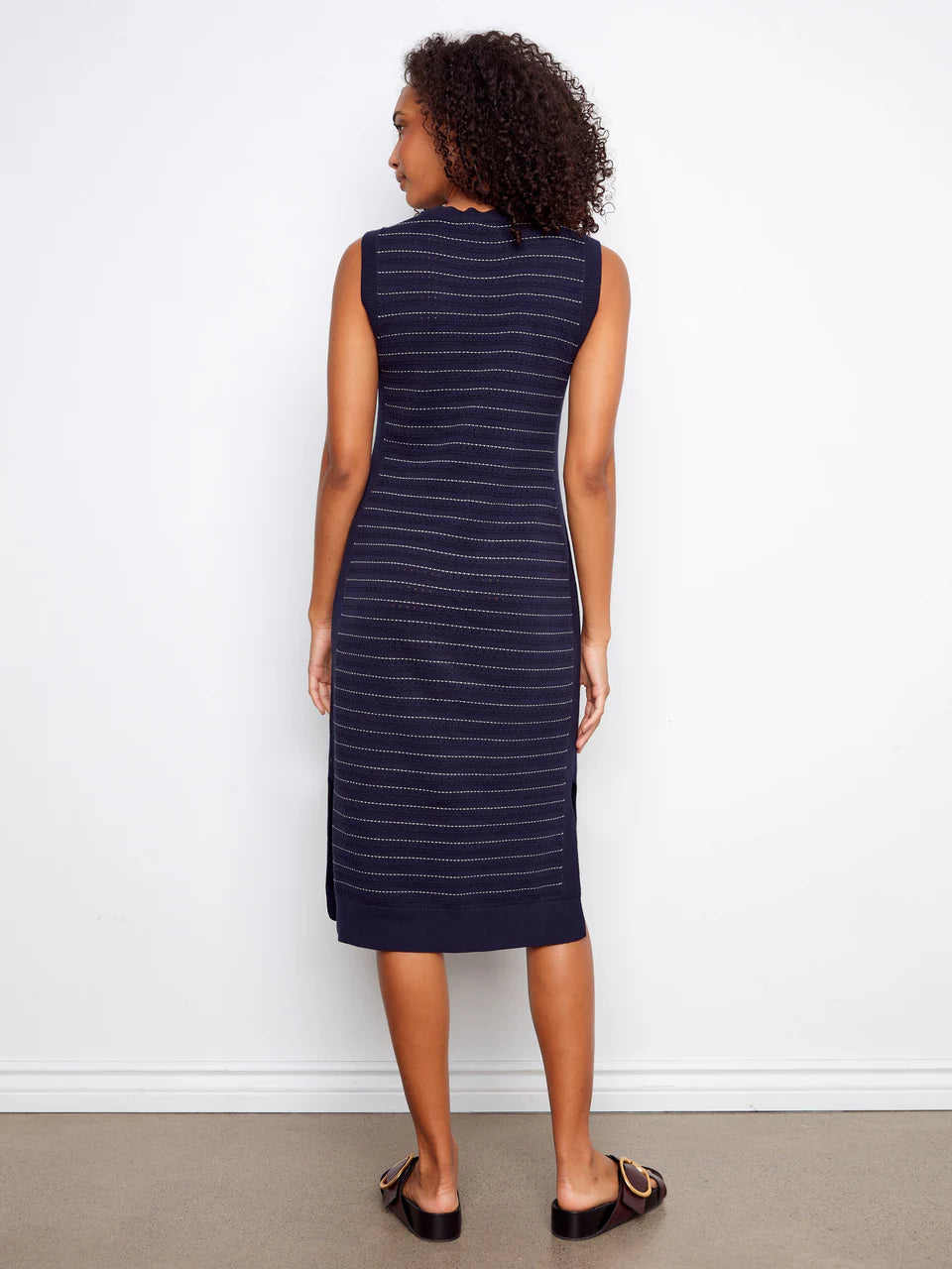 Navy Striped Sleeveless Long Crew Neck Sweater Dress