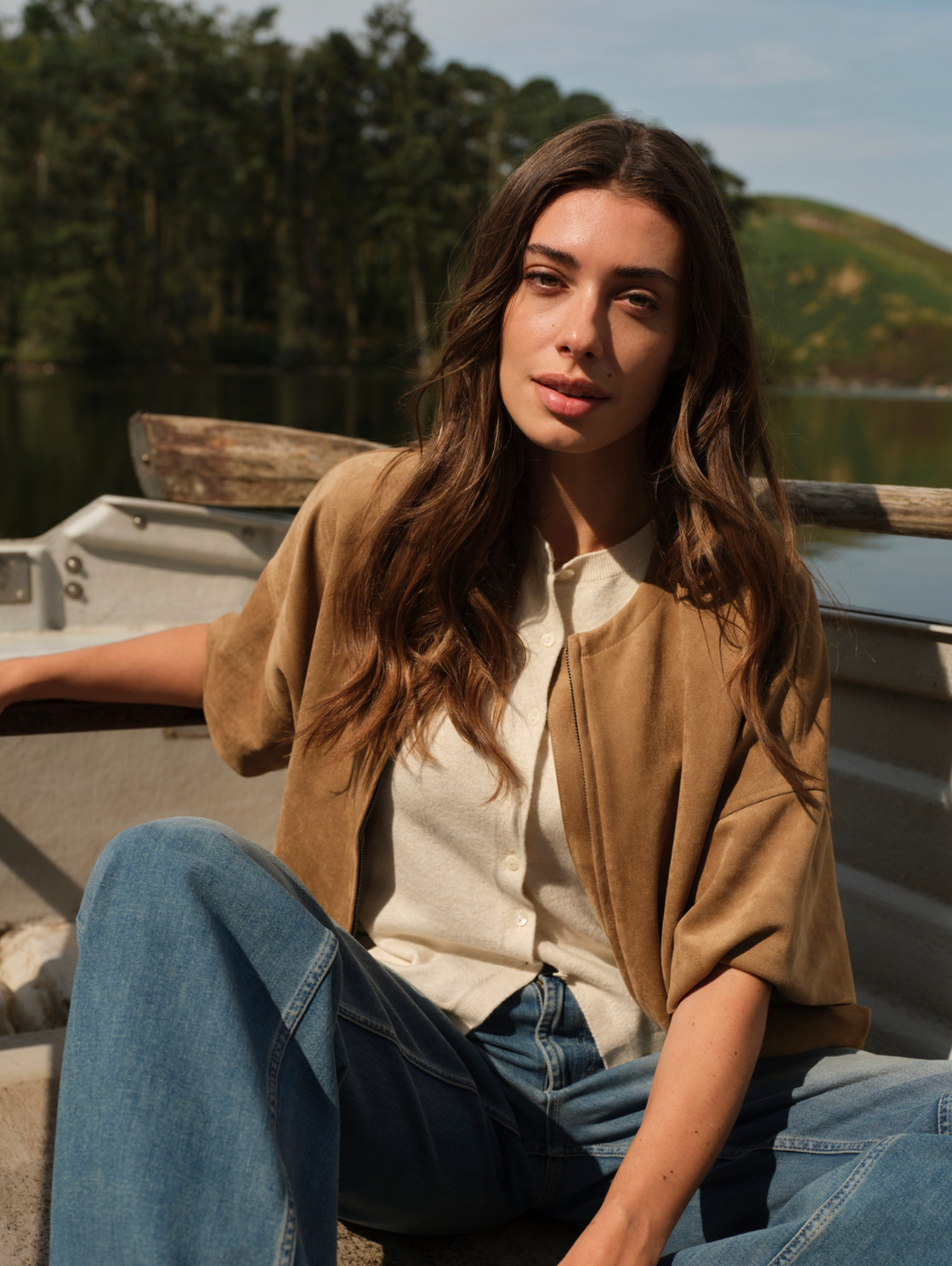 Oversized Suedine Jacket with Short Sleeves