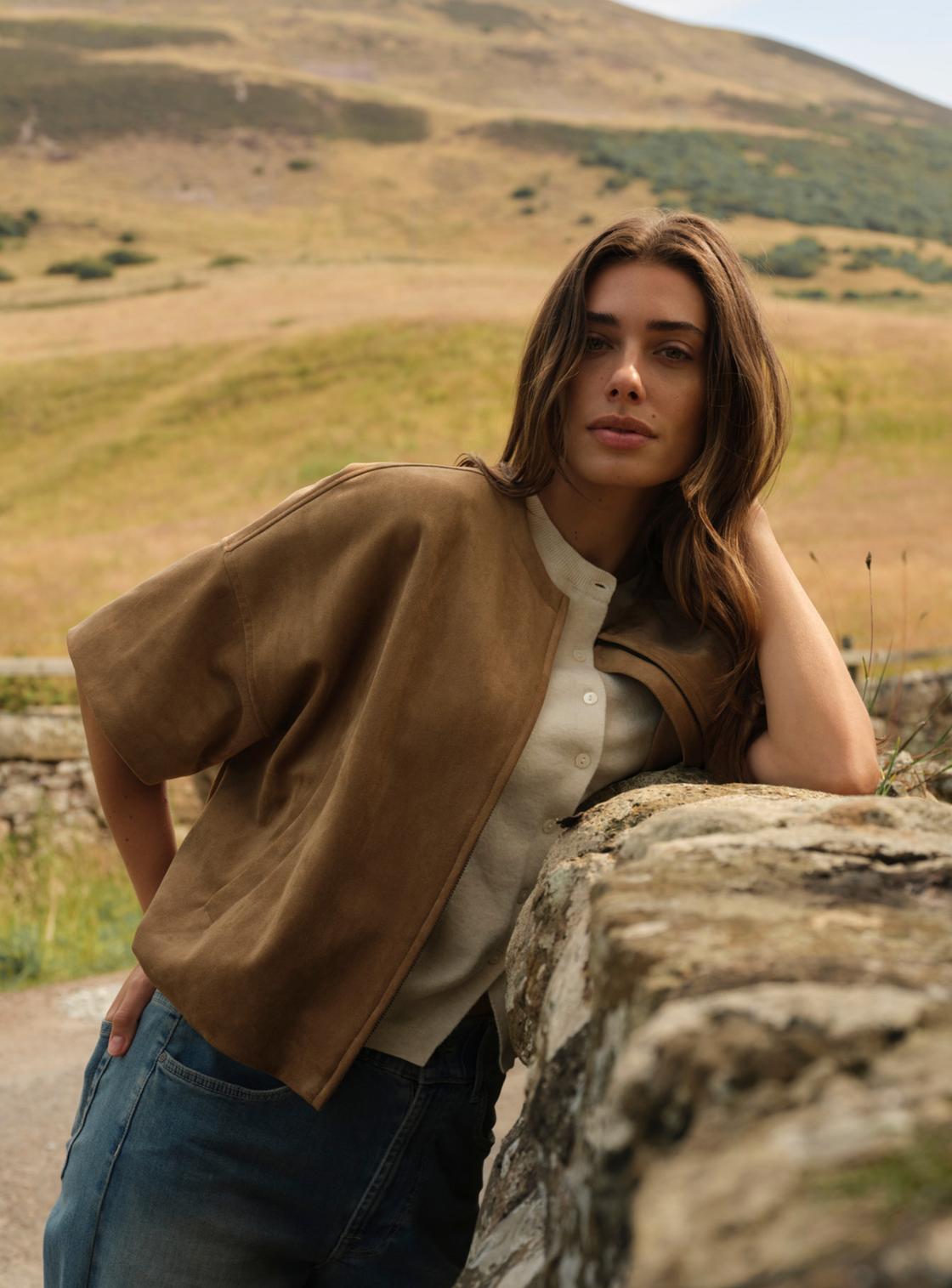 Oversized Suedine Jacket with Short Sleeves
