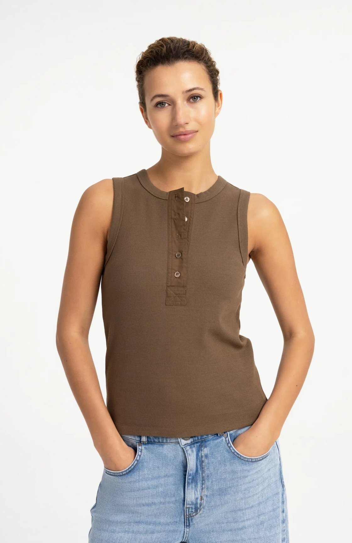 Sleeveless Top with Woven Placket