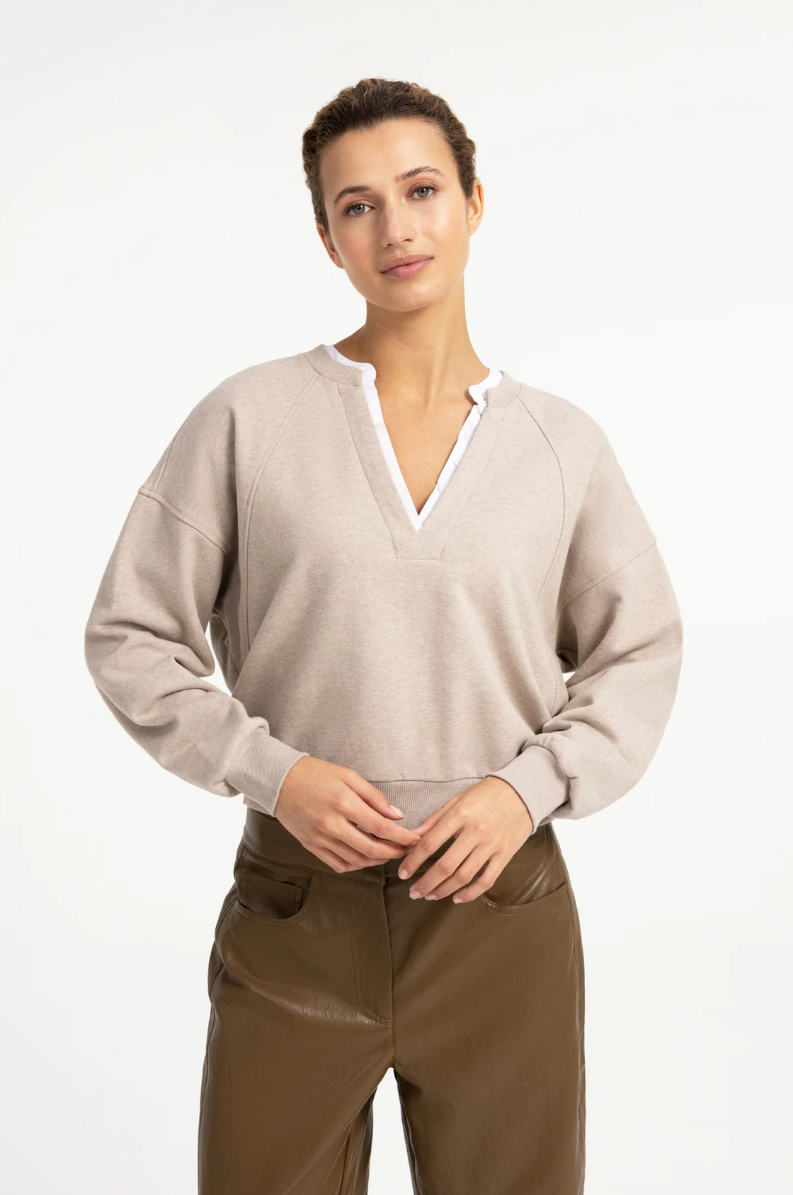 V-Neck Sweatshirt with Woven Collar