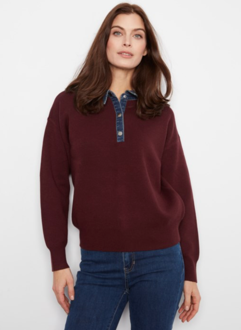 Merlot Sweater with Denim Shirt Collar