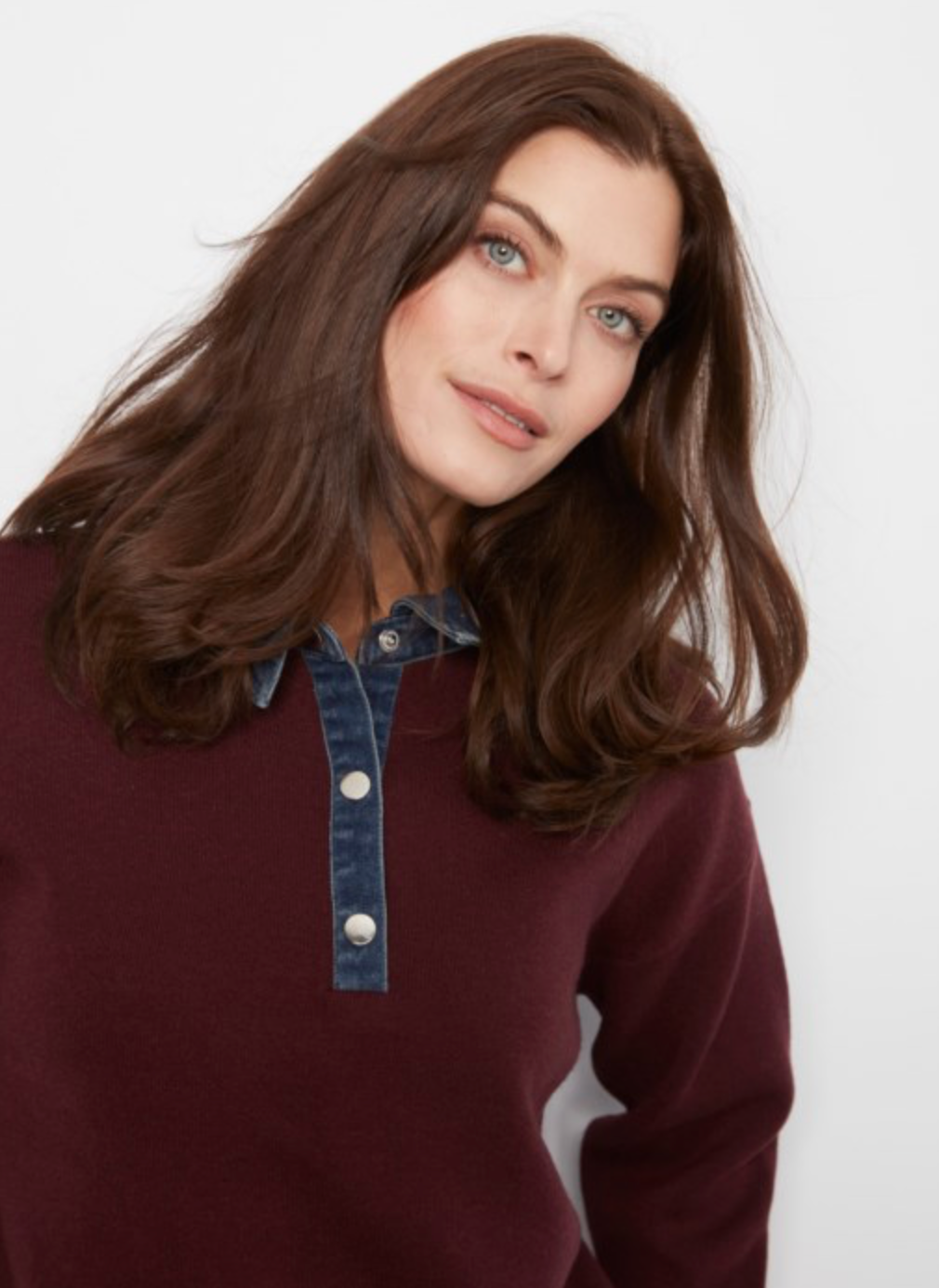 Merlot Sweater with Denim Shirt Collar