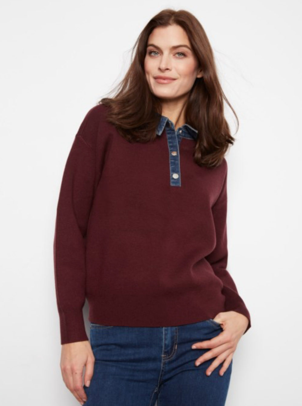 Merlot Sweater with Denim Shirt Collar