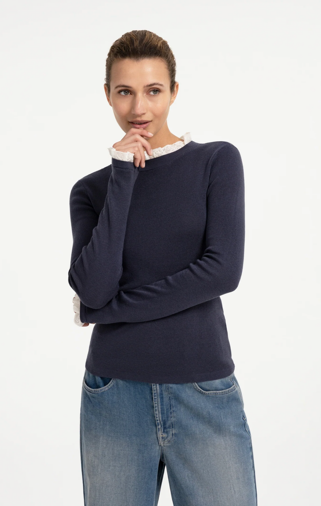 Fitted Rib Sweater with Ruffle Detail
