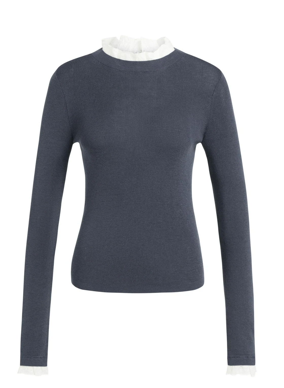 Fitted Rib Sweater with Ruffle Detail