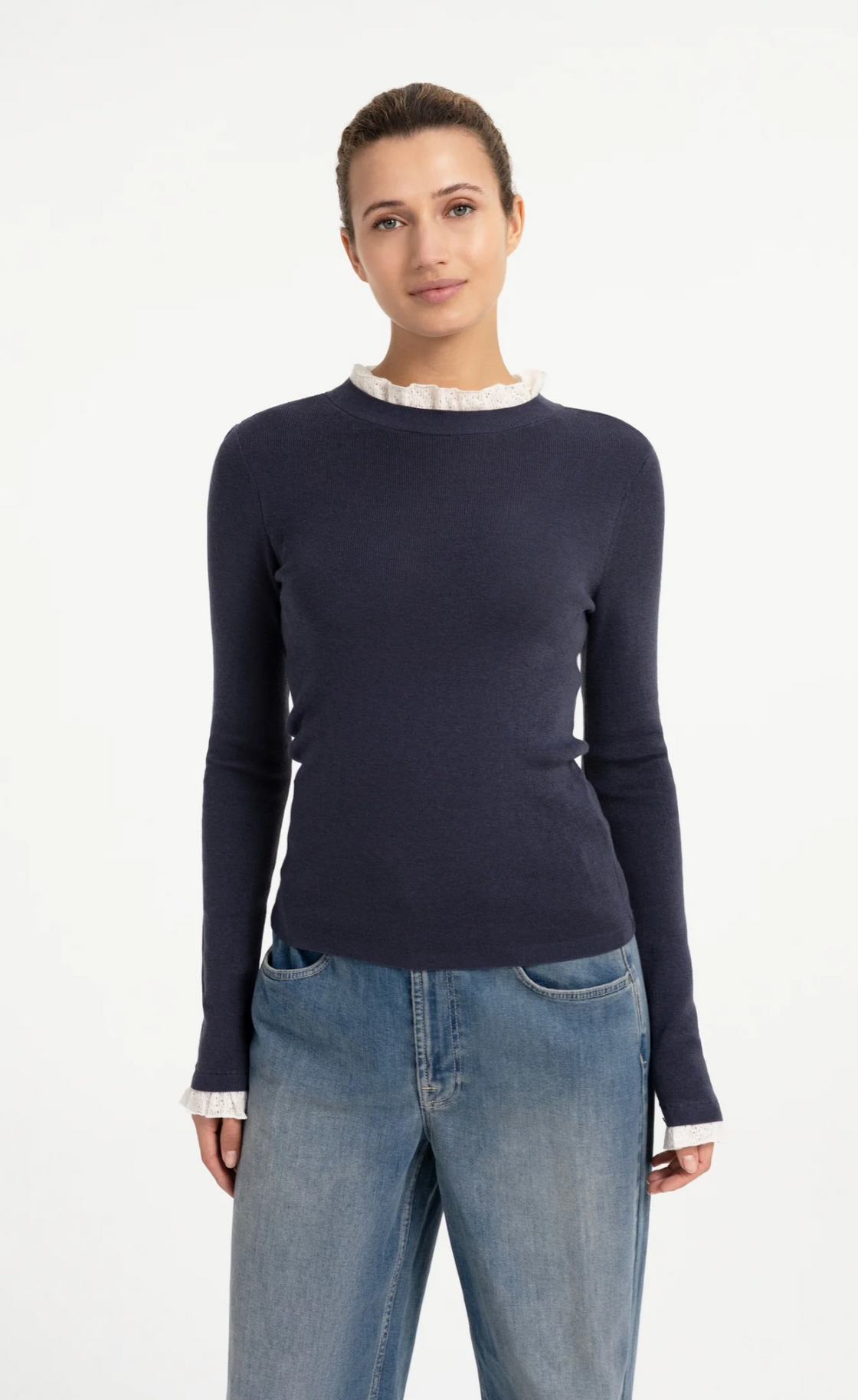 Fitted Rib Sweater with Ruffle Detail