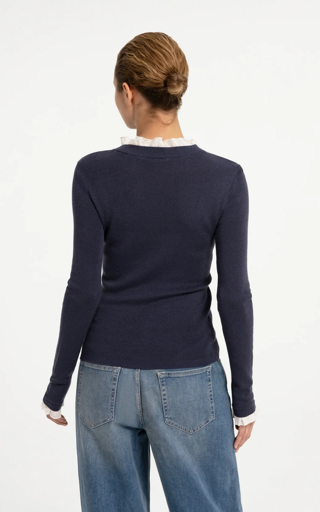 Fitted Rib Sweater with Ruffle Detail