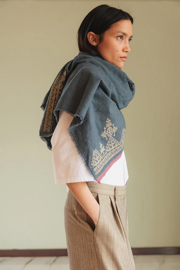 Indigo Embroidered Scarf
