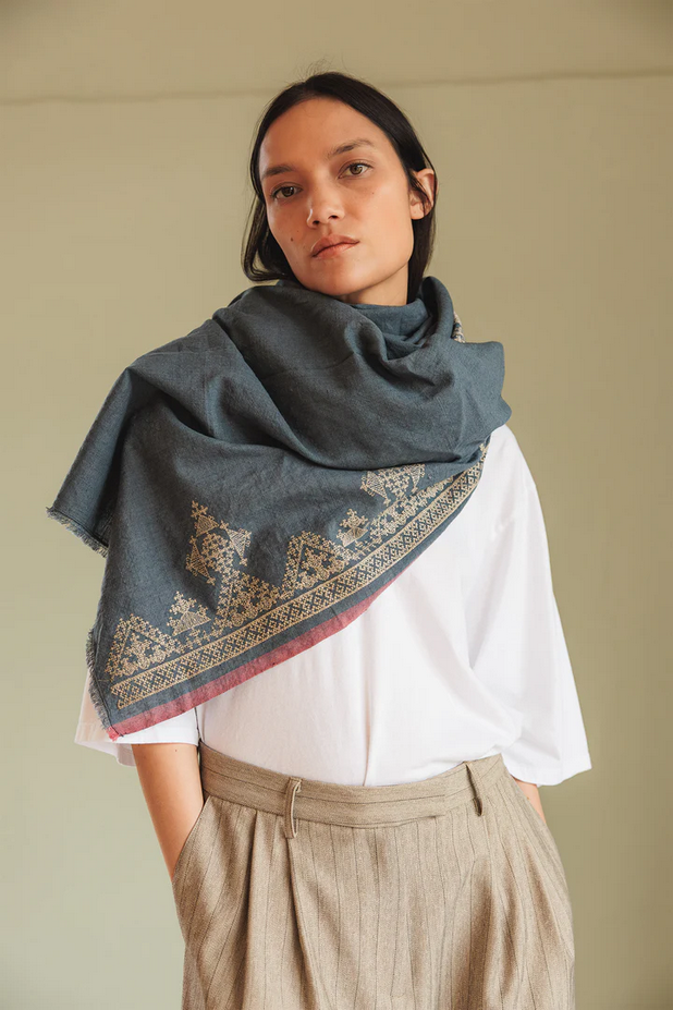 Indigo Embroidered Scarf