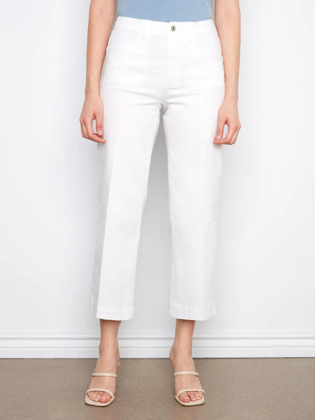 Cropped Wide Leg White Twill Pant