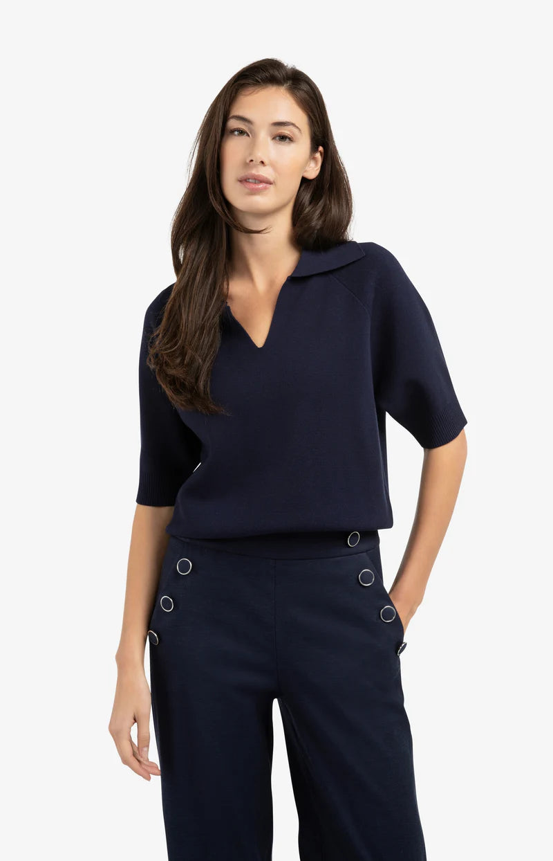 Navy Blazer Short Sleeve Sweater with Collar