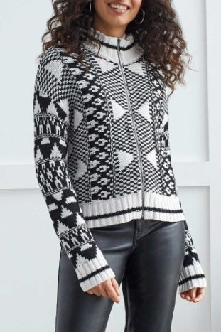 TRIBAL MOCK NECK CARDIGAN -  BLACK