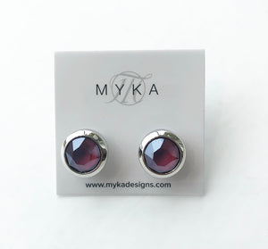 MYKA RHODIUM SMALL ROUND DKRD EARRINGS