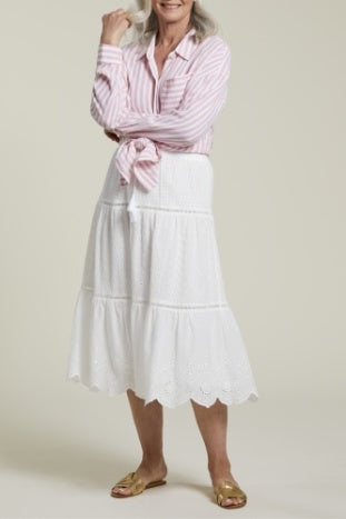 TRIBAL TIERED SKIRT WITH SCALLOP HEM EMBROIDERY -  WHITE